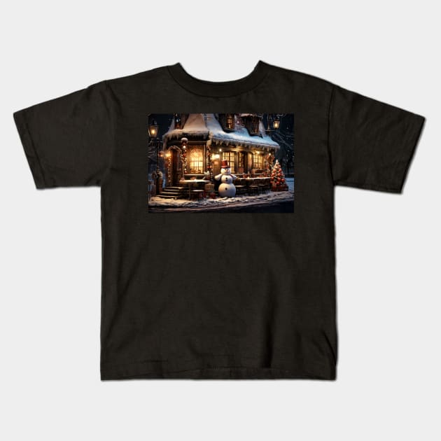 A small village shop with a snowman out front Kids T-Shirt by jecphotography